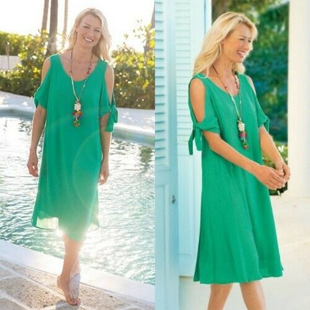 Soft Surroundings Destin Dress Small S Green Crinkle Gauze A-Line Open Shoulder